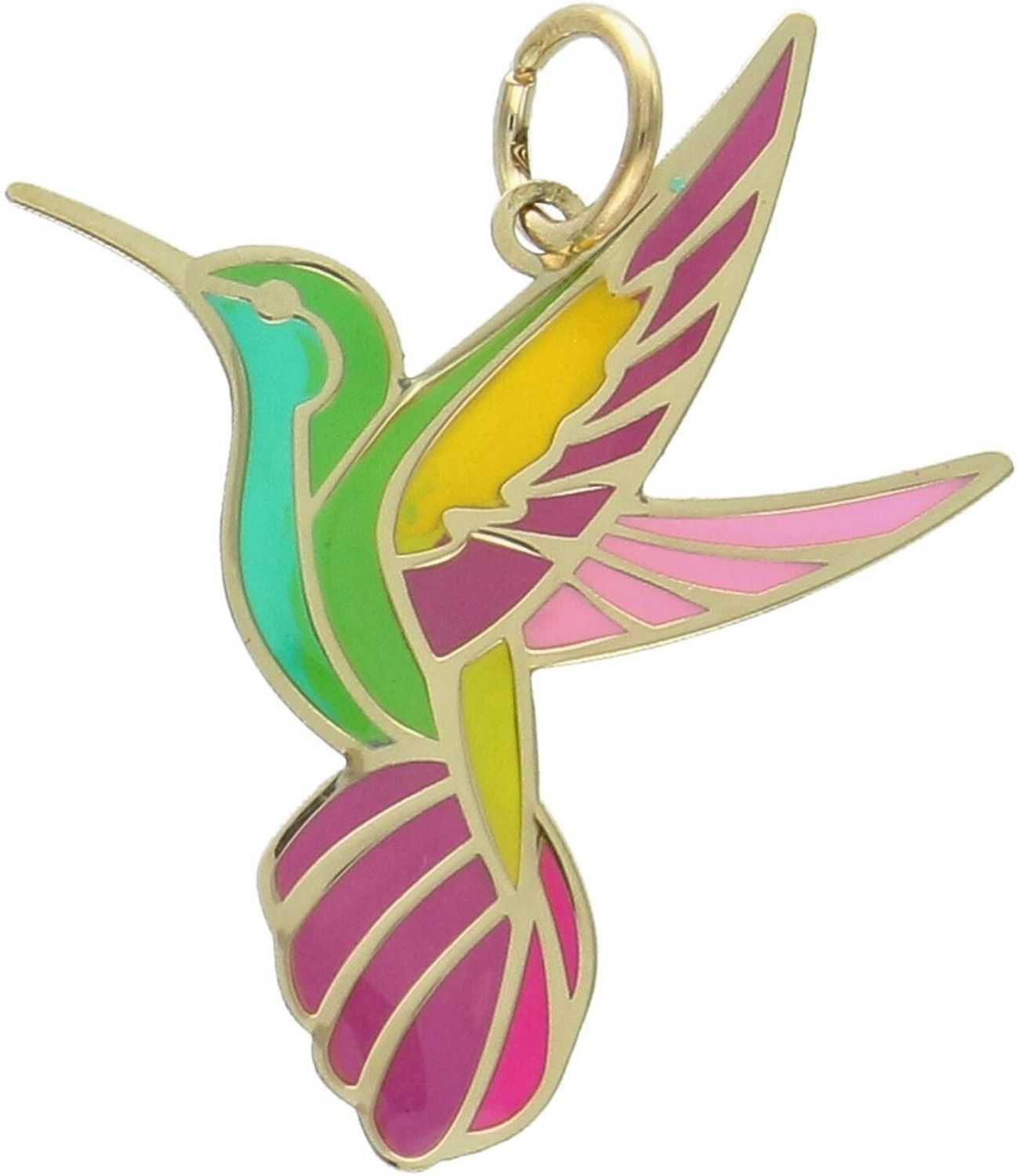 Subtelna zawieszka złota Koliber próby 585 z kolorową emalią. Wymiary 2,6×2,0 cm, waga 0,53 g. Idealna jako prezent lub element codziennej biżuterii.1.jpg